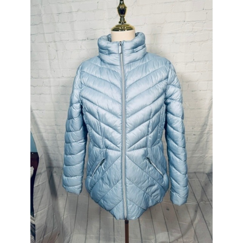 Michael Kors Packable Puffer Jacket‎ Women's L Blue Chevron Quilted EUC